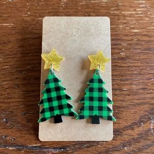 Christmas Tree Earrings Green Buffalo Check with Glitter Gold Stars